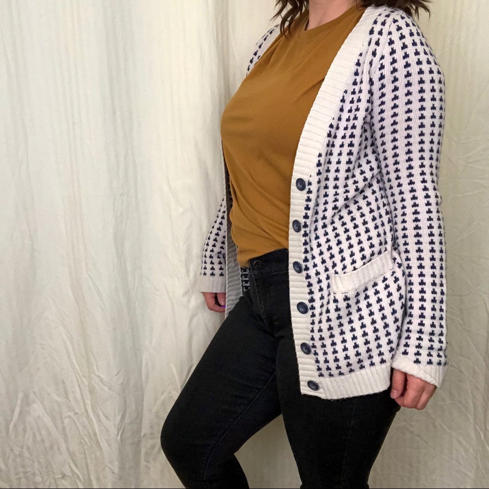 Navy blue and white patterned button down cardigan